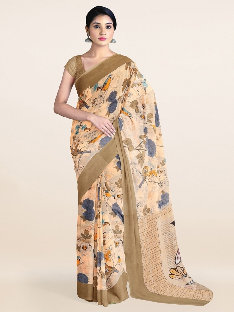 

Pothys Peach-Coloured & Grey Floral Cotton Blend Saree