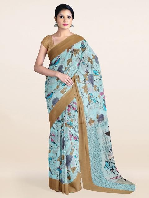 

Pothys Blue & Camel Brown Floral Printed Cotton Saree