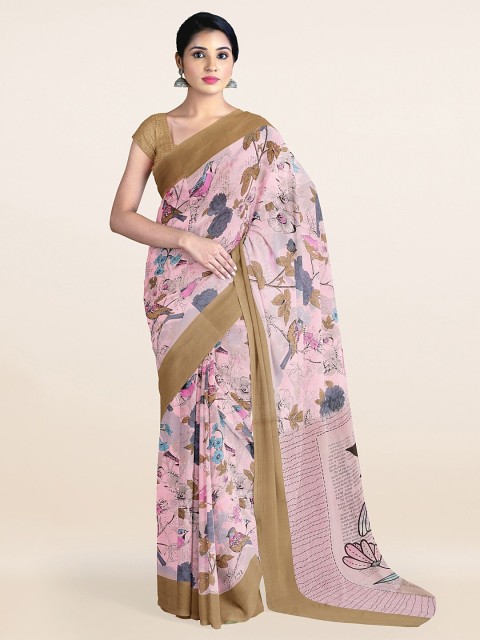 

Pothys Pink & Khaki Floral Printed Cotton Blend Saree