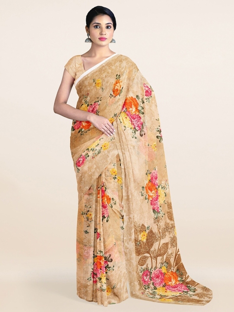 

Pothys Cream-Coloured & Pink Floral Printed Cotton Blend Saree