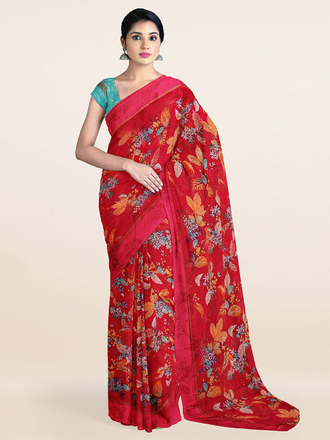 

Pothys Red & Blue Floral Cotton Blend Saree