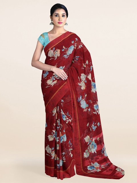 

Pothys Maroon & Blue Floral Cotton Blend Saree