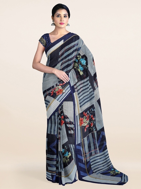 

Pothys Navy Blue & Grey Geometric Printed Saree