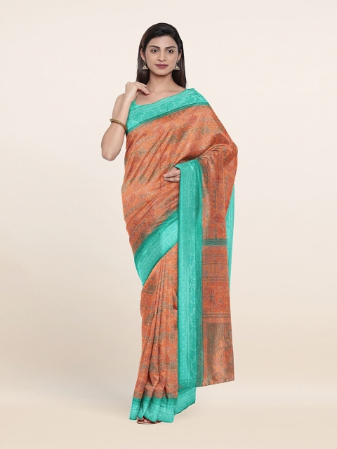 

Pothys Peach-Coloured & Blue Ethnic Motifs Printed Cotton Blend Saree