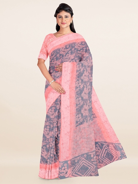 

Pothys Grey & Pink Floral Printed Cotton Blend Saree