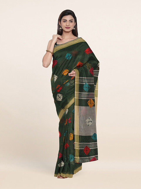 

Pothys Green & Orange Bandhani Zari Saree