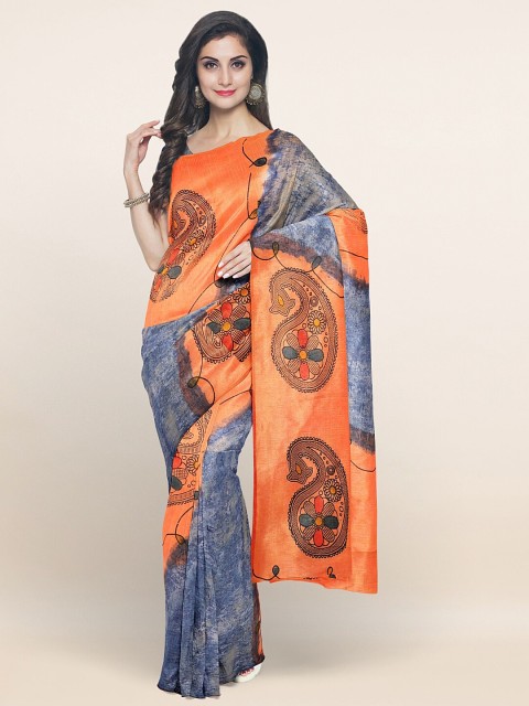

Pothys Orange & Blue Paisley Printed Pure Cotton Saree
