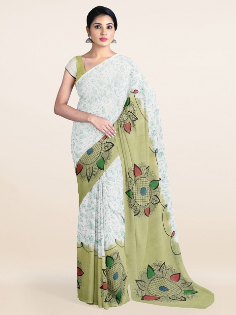 

Pothys Off White & Green Floral Printed Pure Cotton Saree