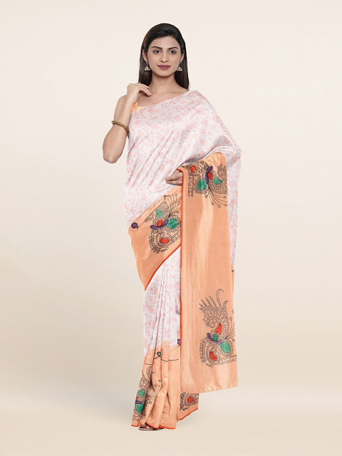 

Pothys White & Peach-Coloured Floral Pure Cotton Saree