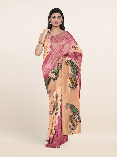 

Pothys Peach-Coloured & Pink Ethnic Motifs Printed Pure Cotton Saree