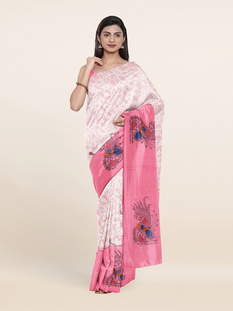 

Pothys Off White & Pink Floral Pure Cotton Saree