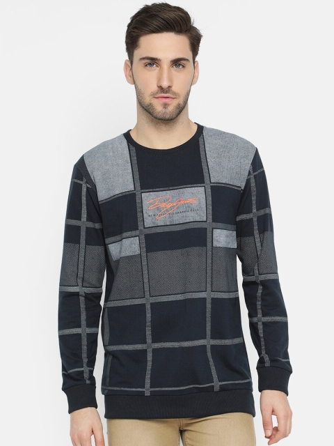 V2 Value & Variety Men Navy Blue Checked T-shirt