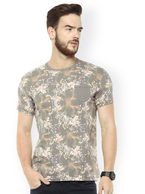 

Mufti Men Grey Floral Print Round Neck Slim T-shirt