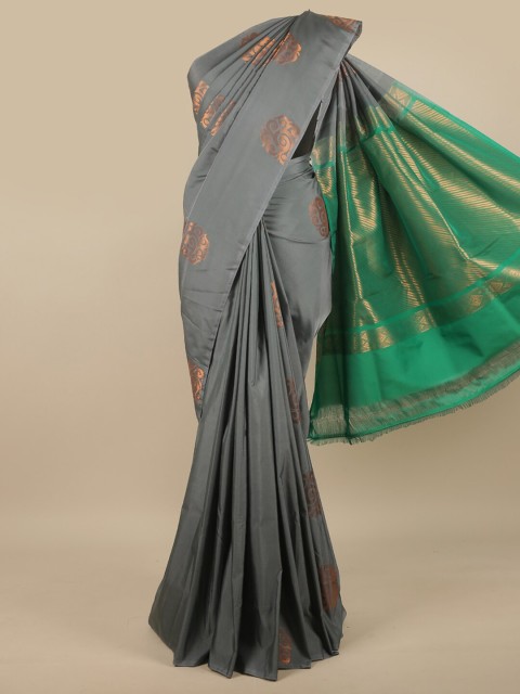 

Pothys Grey & Green Copper-Toned Ethnic Motifs Woven Design Art Silk Saree