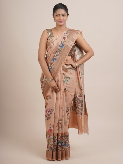 

Pothys Peach-Coloured & Brown Floral Organza Saree