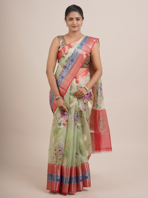 

Pothys Women Green & Red Floral Printed Organza Silk Saree