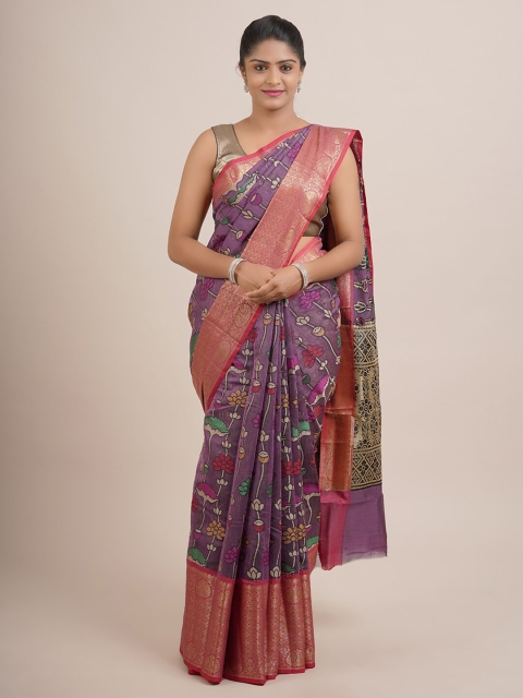 

Pothys Violet & Beige Floral Zari Organza Silk Saree