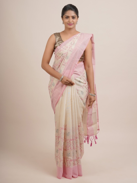 

Pothys Cream-Coloured & Pink Floral Embroidered Organza Saree