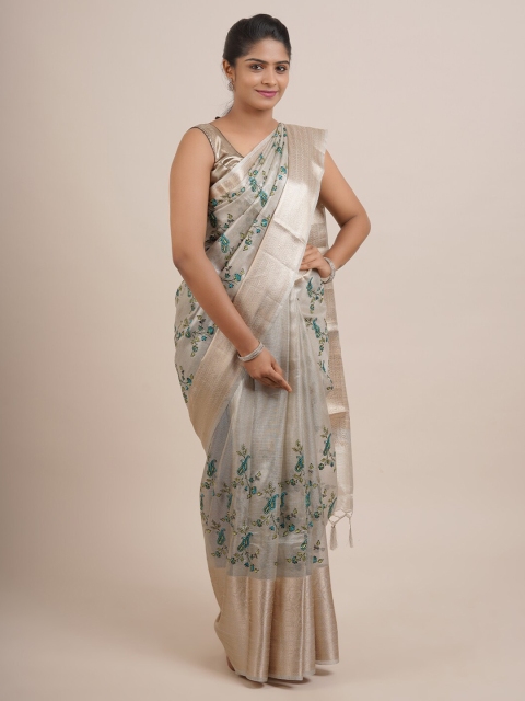 

Pothys Silver-Toned & Green Floral Zari Organza Saree