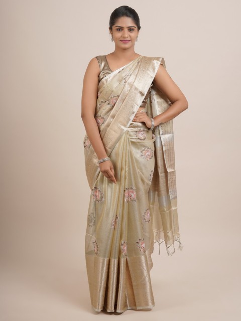 

Pothys Gold-Toned & Red Floral Embroidered Organza Saree