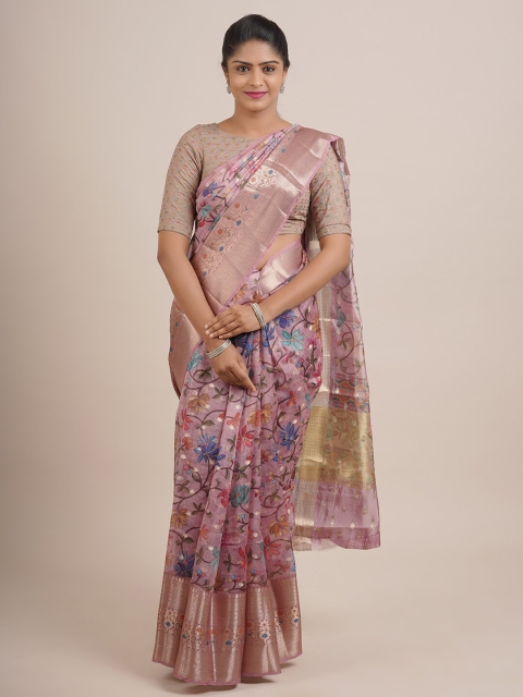 

Pothys Pink & Green Floral Zari Organza Saree