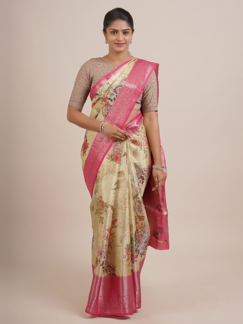 

Pothys Yellow & Pink Floral Zari Organza Saree