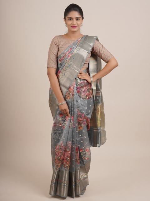 

Pothys Grey & Gold-Toned Floral Zari Organza Saree