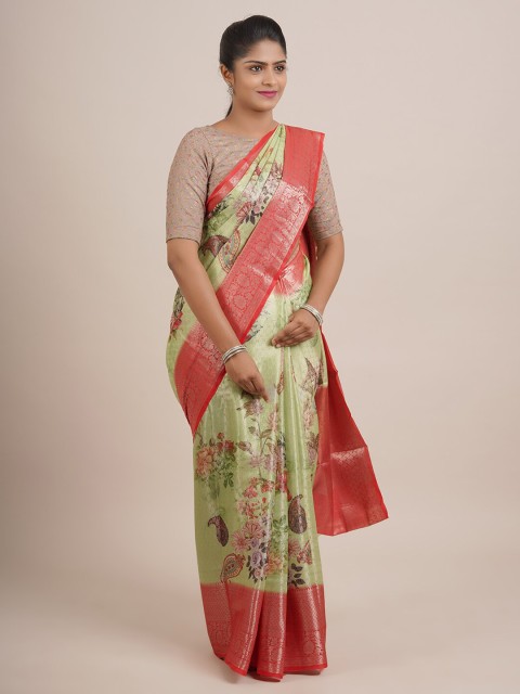 

Pothys Green & Red Floral Zari Organza Saree