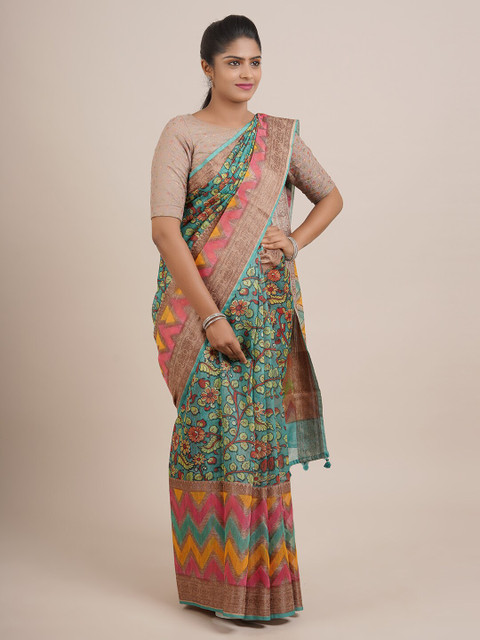 

Pothys Green & Blue Floral Zari Organza Saree