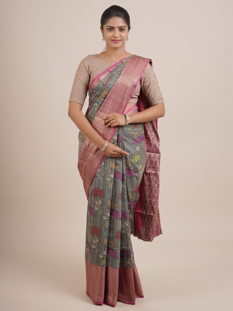 

Pothys Grey & Pink Floral Zari Organza Saree