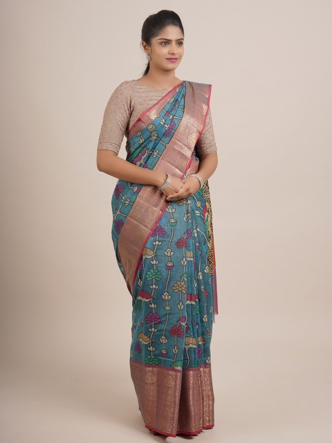 

Pothys Blue & Pink Floral Zari Organza Saree