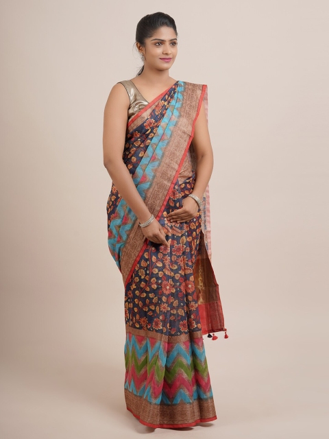 

Pothys Navy Blue & Blue Floral Organza Saree