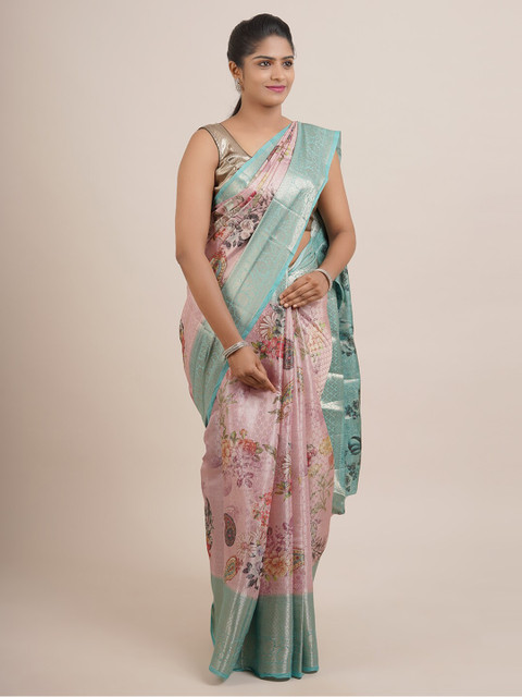 

Pothys Pink & Turquoise Blue Floral Zari Organza Saree