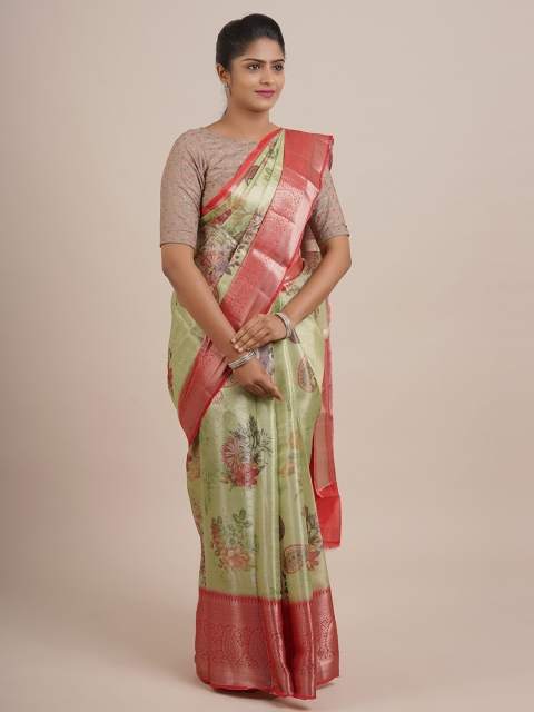

Pothys Fluorescent Green & Silver-Toned Floral Zari Organza Saree