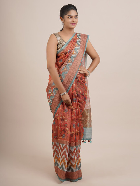 

Pothys Orange & Green Floral Printed Zari Organza Saree