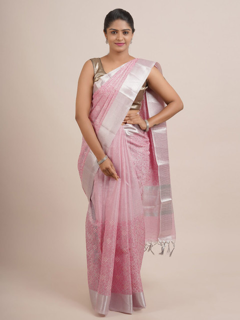 

Pothys Pink & White Woven Design Organza Saree