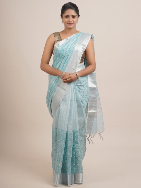 

Pothys Blue & Silver-Toned Embroidered Organza Silk Saree