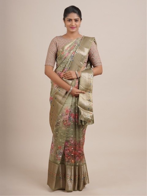 

Pothys Olive Green & Silver-Toned Floral Zari Organza Saree