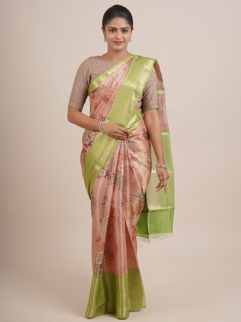 

Pothys Pink & Green Floral Zari Organza Saree