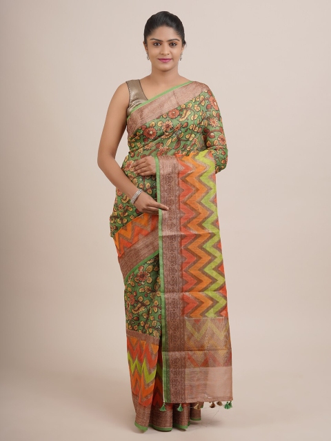 

Pothys Green & Mustard Floral Zari Organza Saree