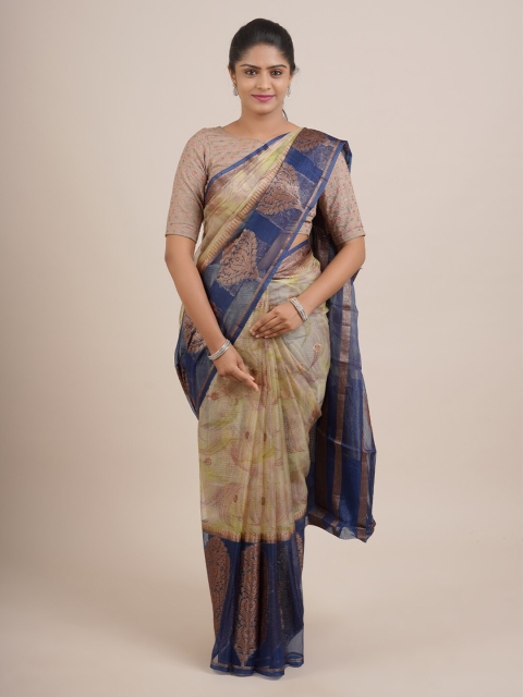 

Pothys Beige & Blue Floral Zari Organza Saree