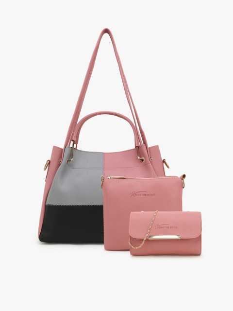 

SHINING STAR Peach-Coloured Colourblocked Structured Handheld Bag