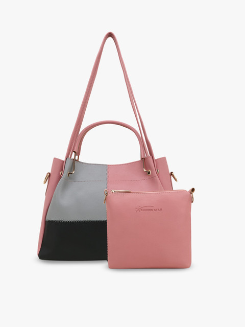 

SHINING STAR Peach-Coloured Colourblocked PU Shopper Handheld Bag