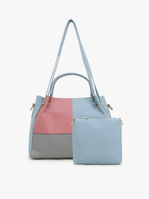 

SHINING STAR Blue Colourblocked PU Oversized Structured Shoulder Bag