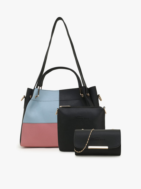

SHINING STAR Black Colourblocked PU Structured Handheld Bag