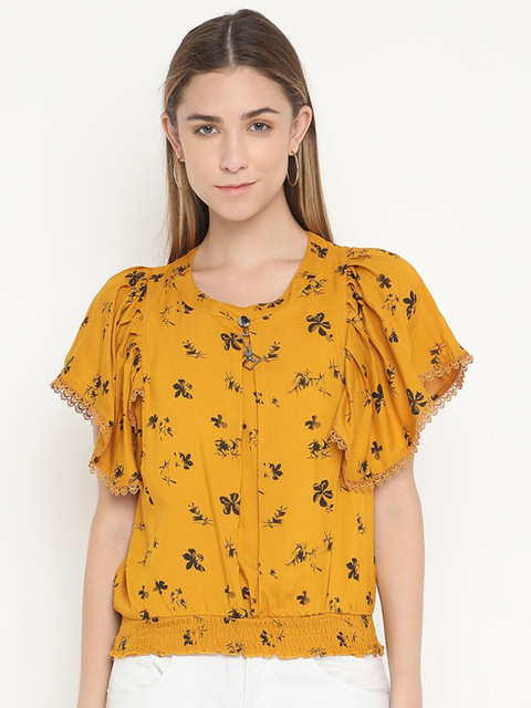 

V2 Value & Variety Mustard Yellow Floral Print Top