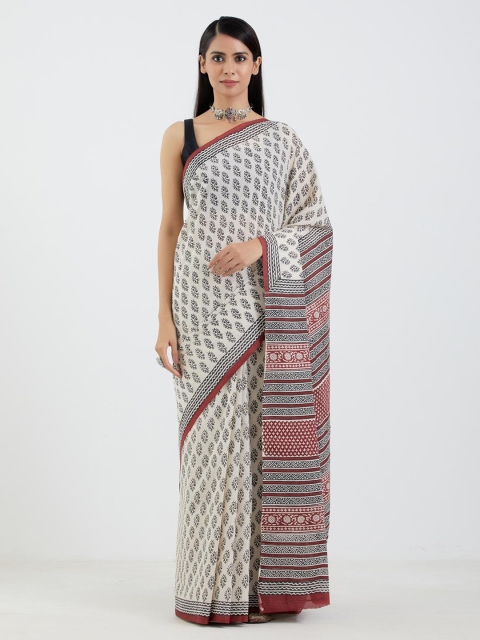 

Aujjessa White & Maroon Floral Pure Cotton Block Print Saree