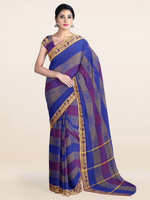 

Pothys Navy Blue & Gold-Toned Woven Design Zari Art Silk Saree