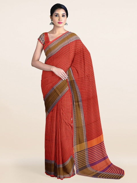 

Pothys Red & Gold-Toned Checked Zari Saree
