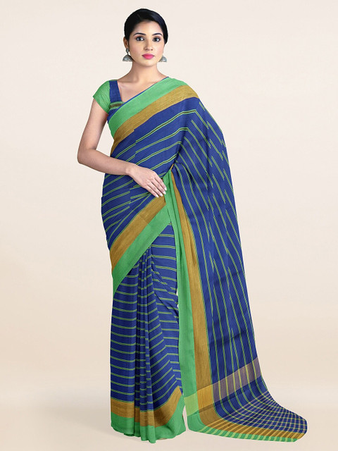 

Pothys Blue Striped Cotton Blend Saree